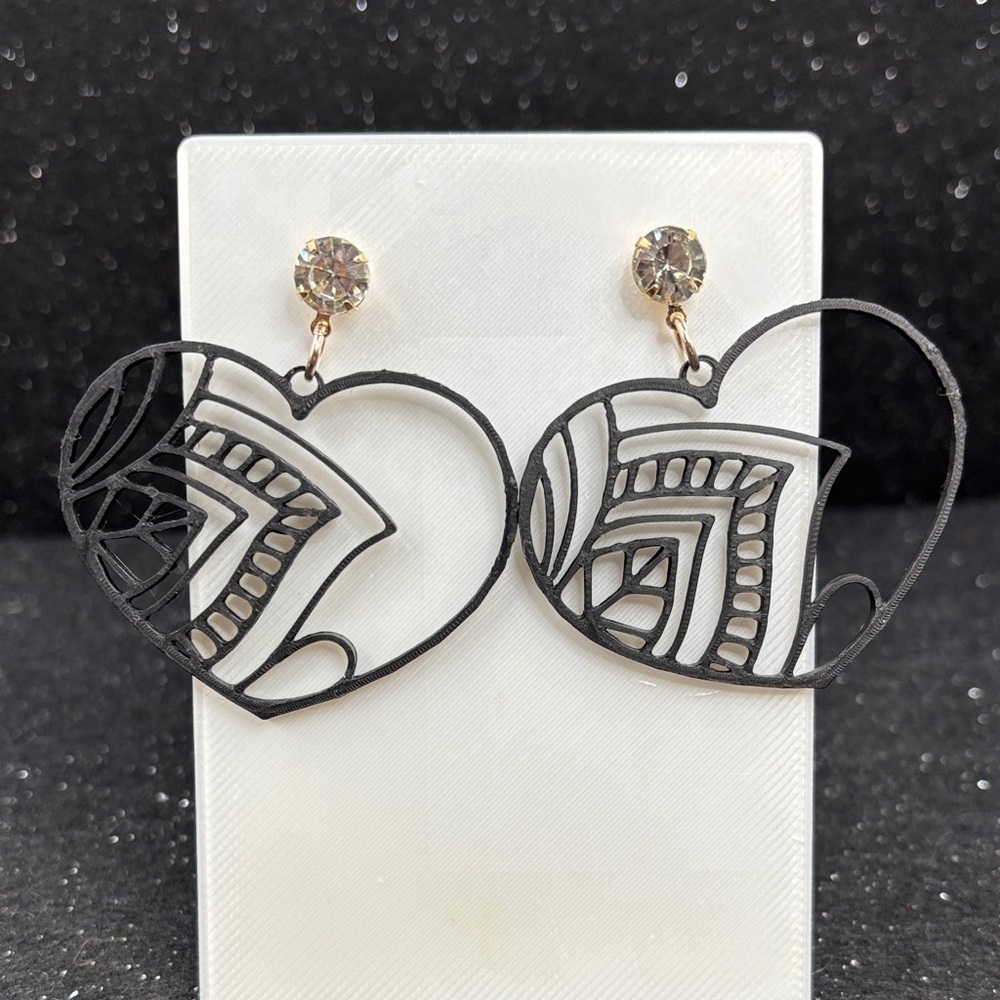 Black Filigree Heart Earrings with Crystal Studs